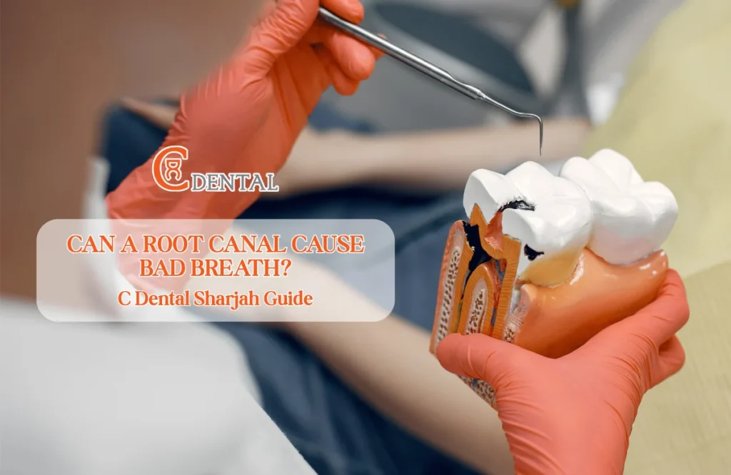 Root canal treatment illustration explaining causes of bad breath and post-procedure care.