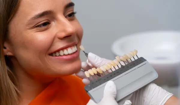 Close-up of teeth showing porcelain veneers and Lumineers for smile enhancement and cosmetic dentistry