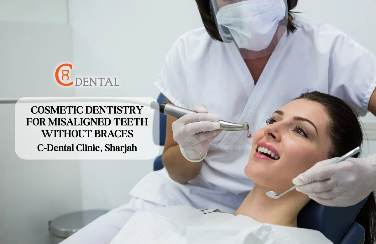 Cosmetic dentistry for misaligned teeth without braces at C-Dental Clinic Sharjah showing improved smile alignment