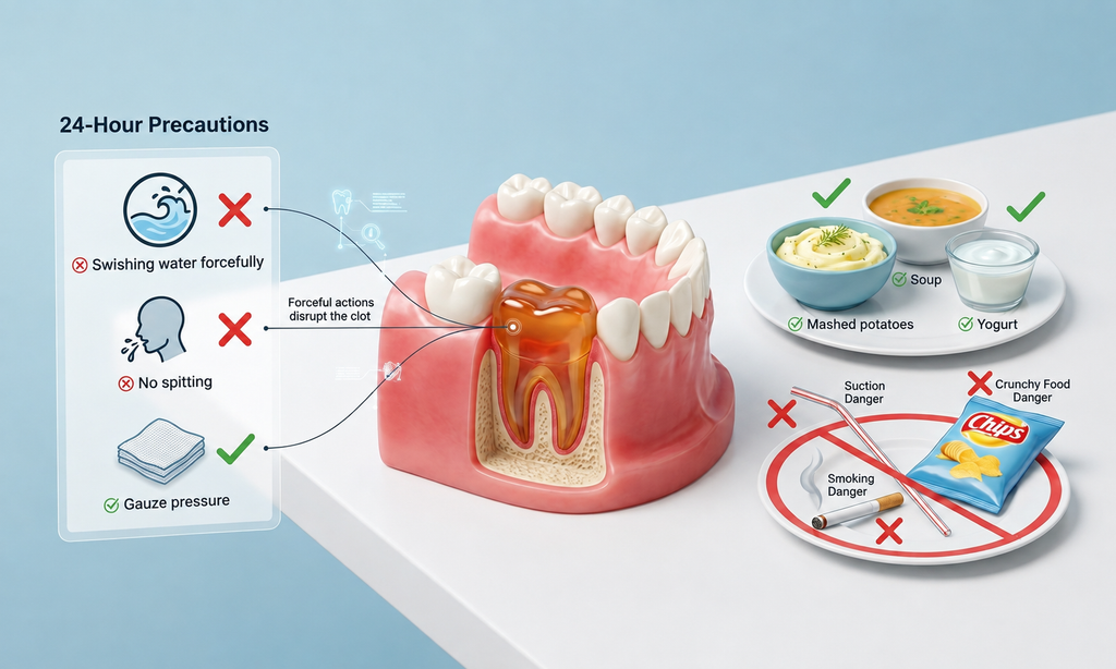 Tooth extraction aftercare guide showing 24-hour precautions and safe vs. unsafe foods to avoid dry socket