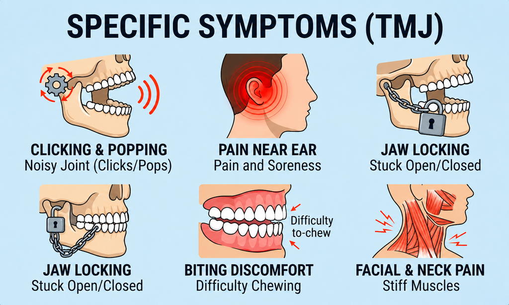 Six common TMJ disorder symptoms: clicking, jaw locking, ear pain, biting discomfort, and facial pain
