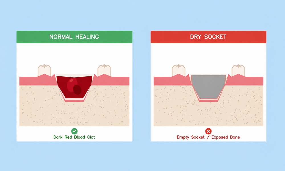 Comparison diagram of normal healing with a dark red blood clot versus dry socket with an empty socket and exposed bone