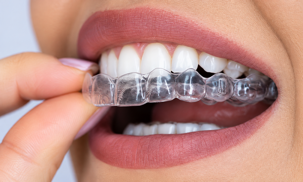 Close-up of a custom night guard being fitted over the teeth