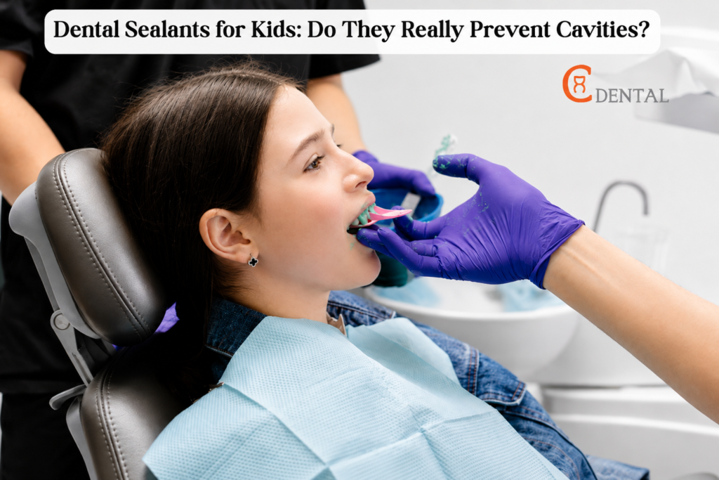 Dentist applying a dental sealant to a child's molar at C Dental Clinic Sharjah