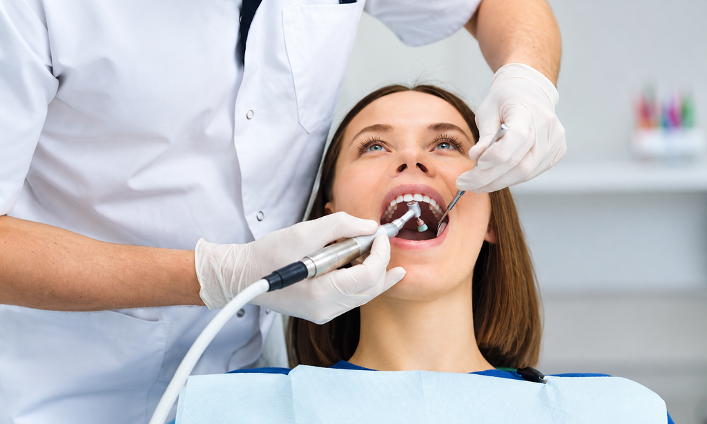 Close-up view of teeth and gums using a dental cheek retractor