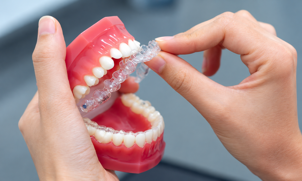 Night guard being placed over a dental model showing upper and lower teeth