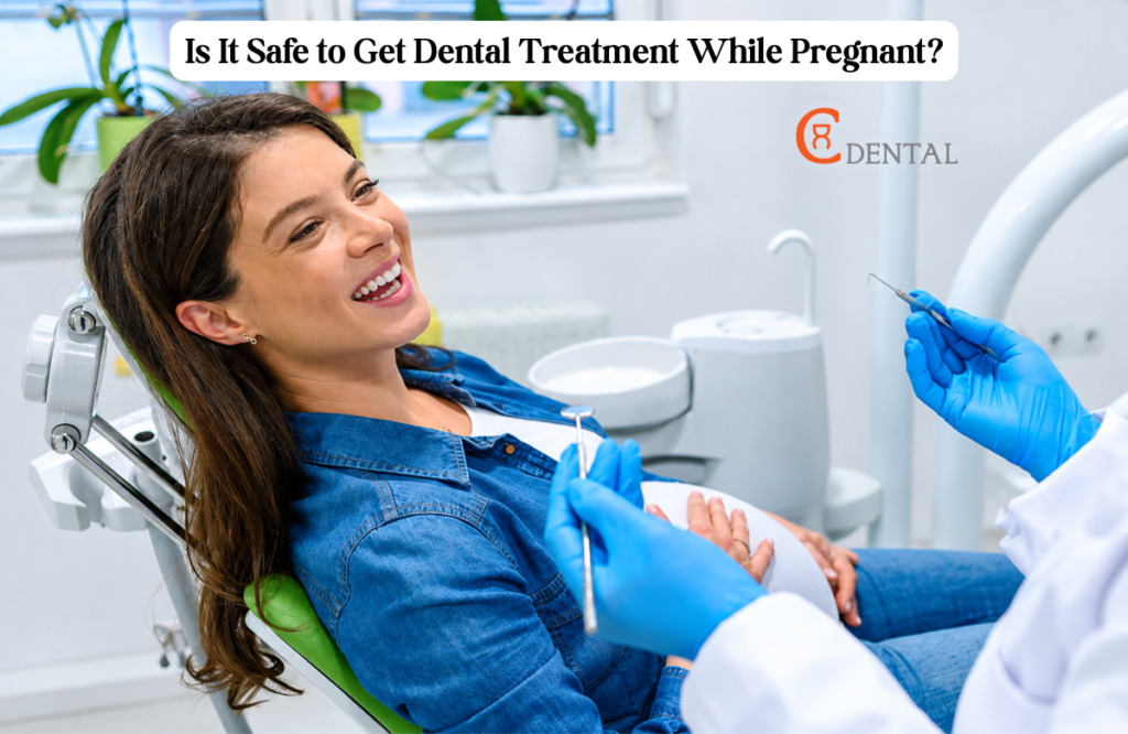 Pregnant woman smiling during a dental checkup at C Dental Clinic
