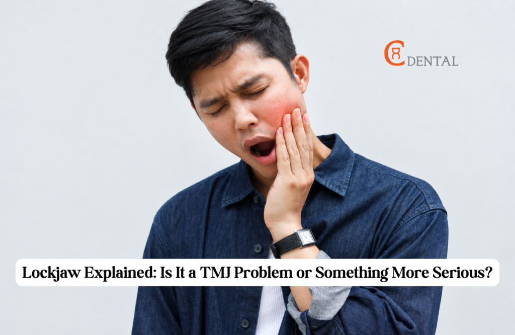 Man holding his jaw in pain, illustrating symptoms of lockjaw or TMJ discomfort