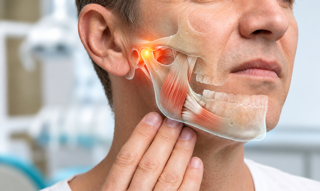 3D illustration of jaw joint pain highlighting the TMJ area