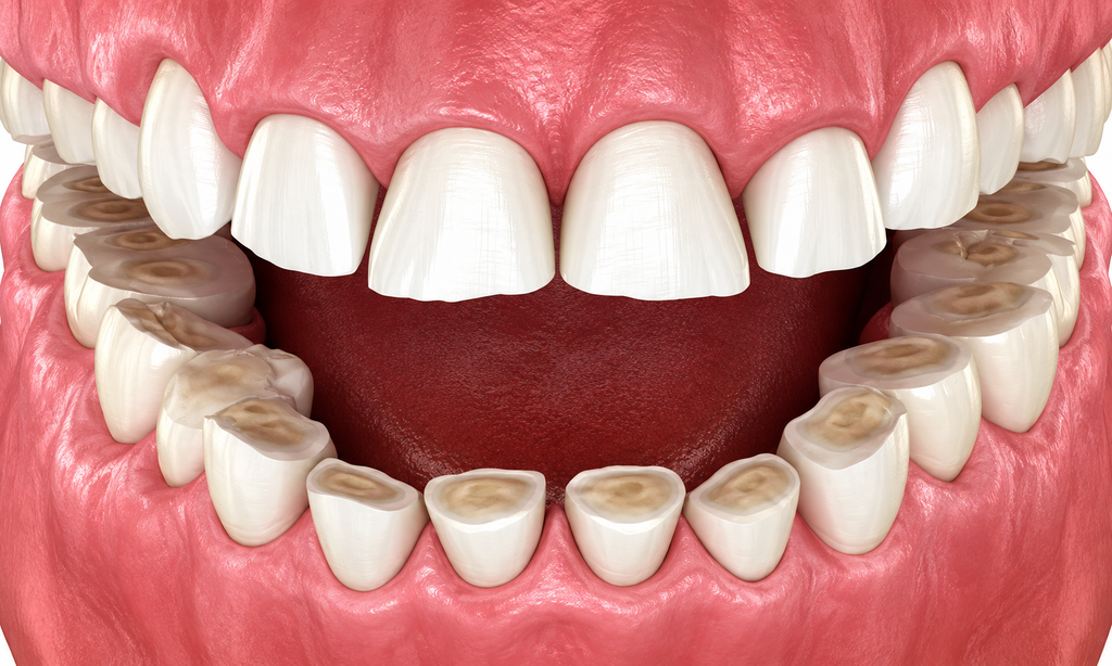 Illustration of teeth showing enamel wear caused by bruxism
