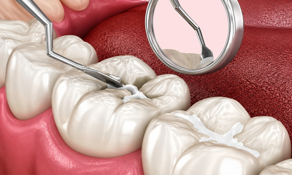 Dental sealant being applied and hardened onto the grooves of a molar
