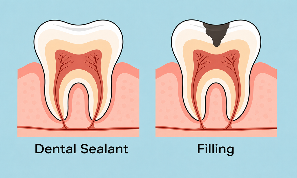 Diagram comparing a healthy sealed tooth with a dental sealant to a decayed tooth needing a filling