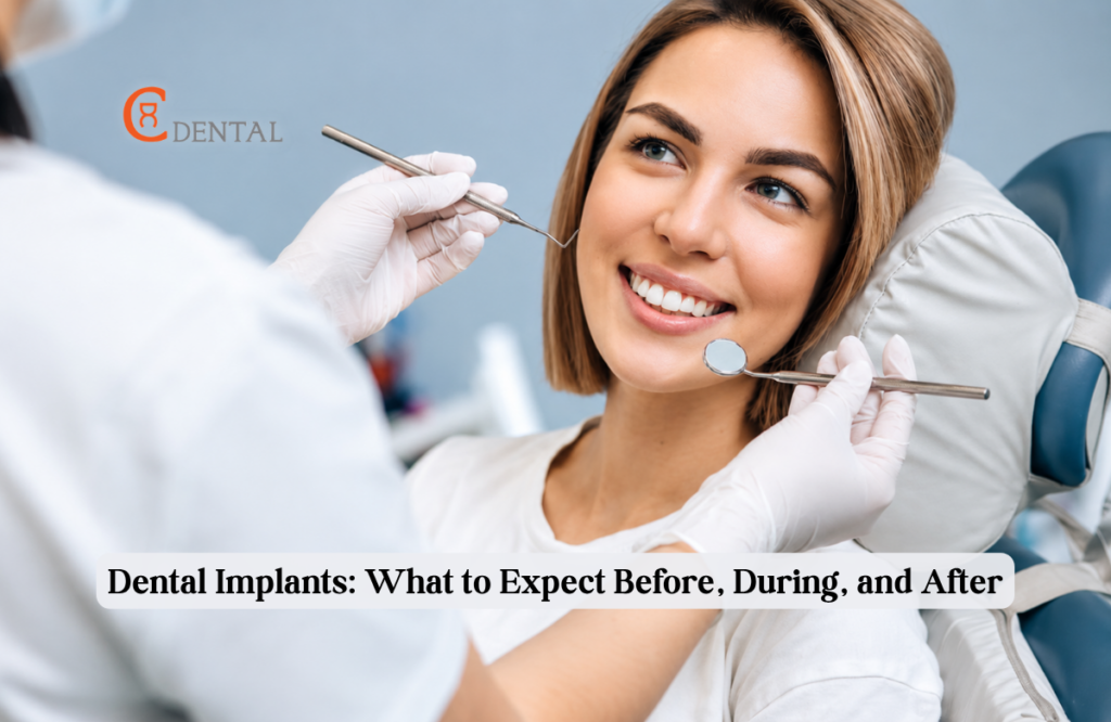 Dentist examining a smiling patient's teeth during a dental implant consultation