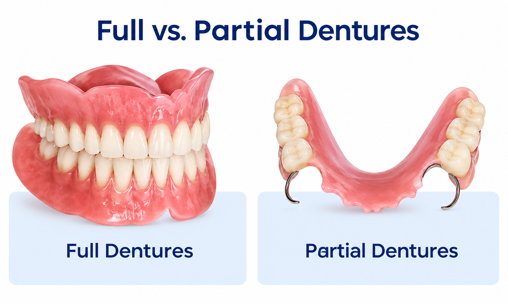 Full dentures replacing a whole arch beside a partial denture with metal clasps for remaining natural teeth