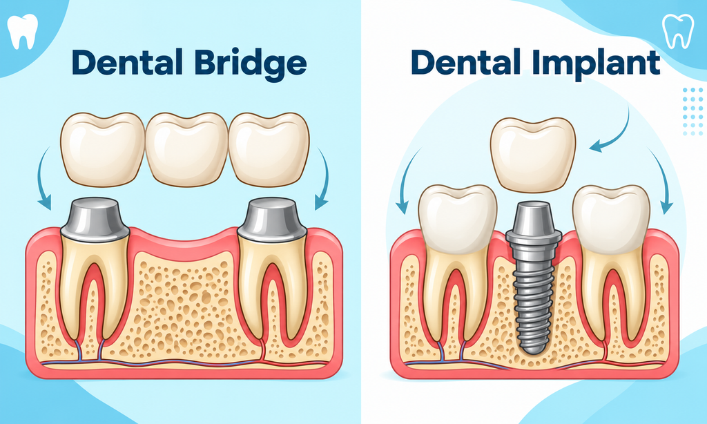 Diagram comparing a dental bridge anchored to filed-down teeth versus a dental implant placed directly in the jawbone