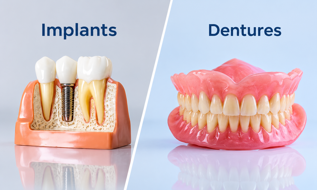 Side-by-side comparison of a dental implant model and a set of full dentures