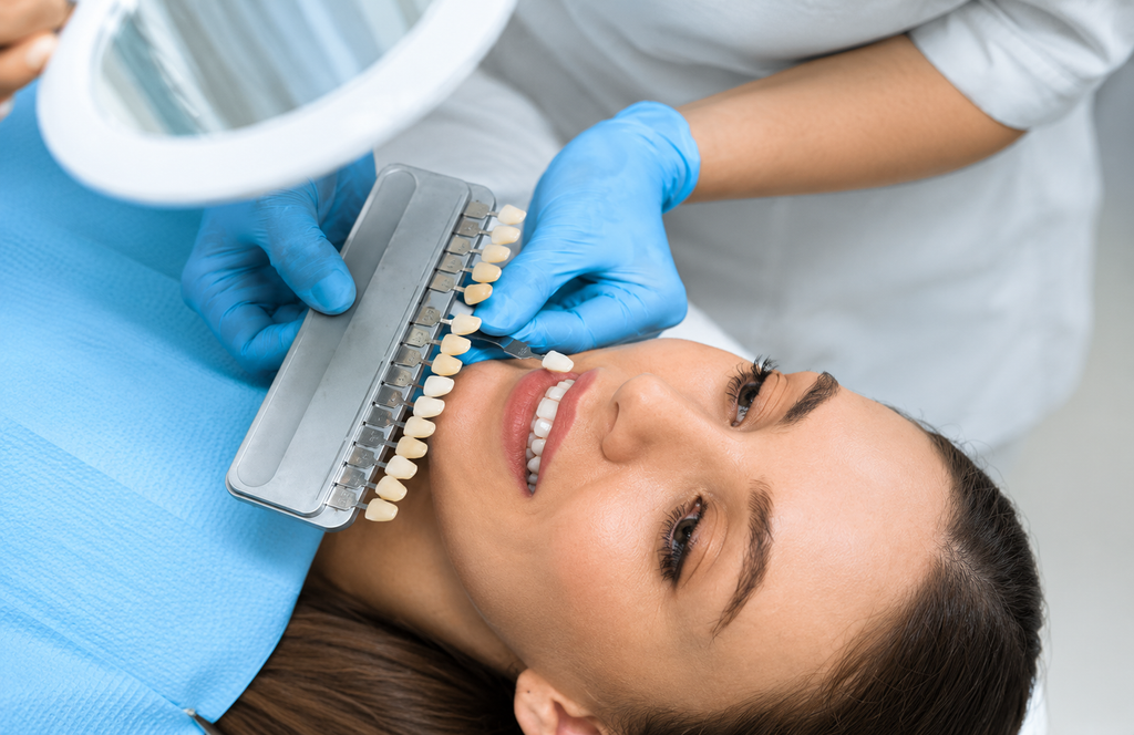 Dentist comparing tooth shades with a dental shade guide against a patient's teeth during cosmetic dental treatment.
