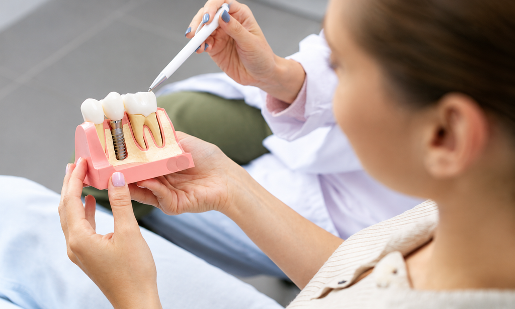 Dentist explaining a dental implant model with the titanium post, abutment, and crown to a patient
